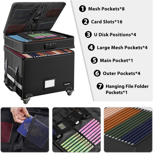 DocSafe File Box with Lock, Multi-Layer Fireproof Document Box with Wheels,Collapsible Rolling File Storage Organizer Box with Pockets,Large Portable Home Office Filing Cabinet for Hanging Folders - Image 2