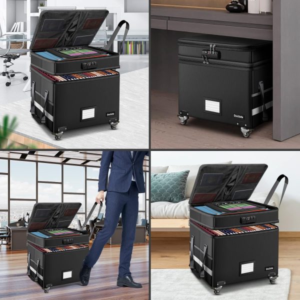 DocSafe File Box with Lock, Multi-Layer Fireproof Document Box with Wheels,Collapsible Rolling File Storage Organizer Box with Pockets,Large Portable Home Office Filing Cabinet for Hanging Folders - Image 3