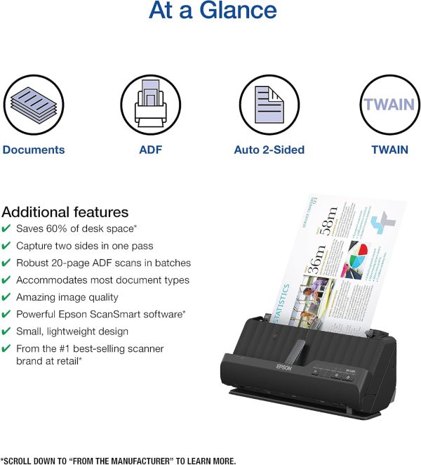 Epson Workforce ES-C220 Compact Desktop Document Scanner with 2-Sided Scanning and Auto Document Feeder (ADF) for PC and Mac - Image 2