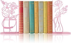 Metal Flower Vase Bookends, Cute Book Ends for Office Home Decor Decorative BookEnds for Shelves, Ideal Gift for Book Lovers(Pink)