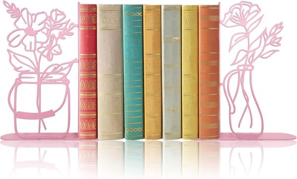 Metal Flower Vase Bookends, Cute Book Ends for Office Home Decor Decorative BookEnds for Shelves, Ideal Gift for Book Lovers(Pink)