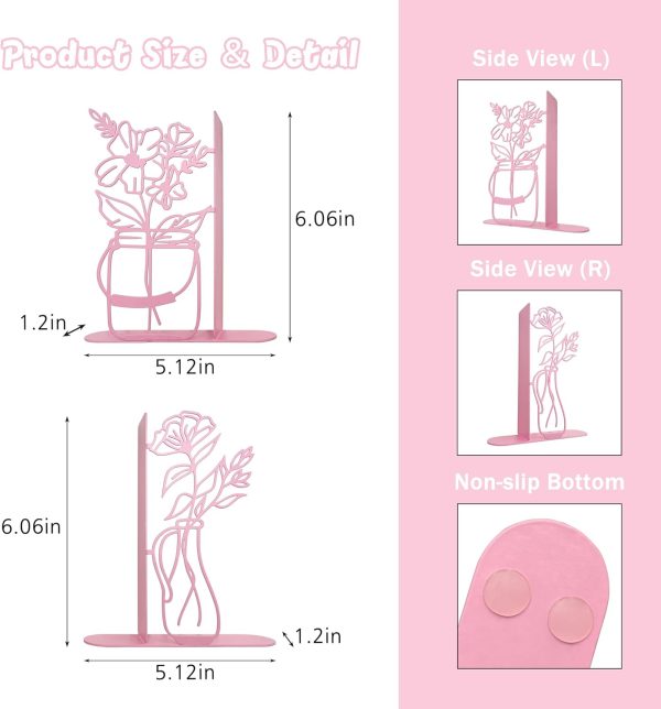 Metal Flower Vase Bookends, Cute Book Ends for Office Home Decor Decorative BookEnds for Shelves, Ideal Gift for Book Lovers(Pink) - Image 2