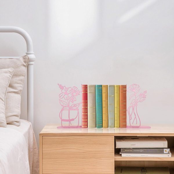 Metal Flower Vase Bookends, Cute Book Ends for Office Home Decor Decorative BookEnds for Shelves, Ideal Gift for Book Lovers(Pink) - Image 4