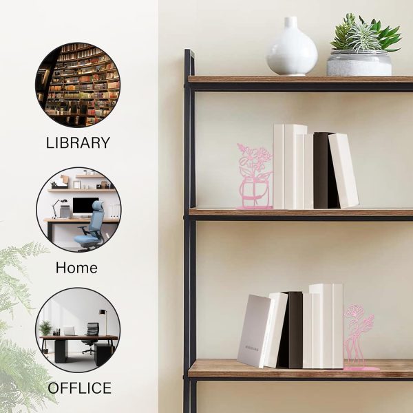 Metal Flower Vase Bookends, Cute Book Ends for Office Home Decor Decorative BookEnds for Shelves, Ideal Gift for Book Lovers(Pink) - Image 6