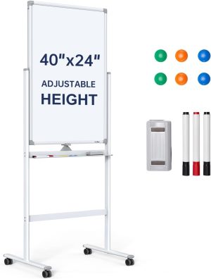 Mobile Dry Erase Board on Wheels - TANKEE 40 x 24 Magnetic Double Sided Whiteboard Easel, Large Reversible Rolling White Board with Aluminum Frame Standing for Office, Home, Classroom