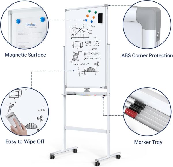 Mobile Dry Erase Board on Wheels - TANKEE 40 x 24 Magnetic Double Sided Whiteboard Easel, Large Reversible Rolling White Board with Aluminum Frame Standing for Office, Home, Classroom - Image 5
