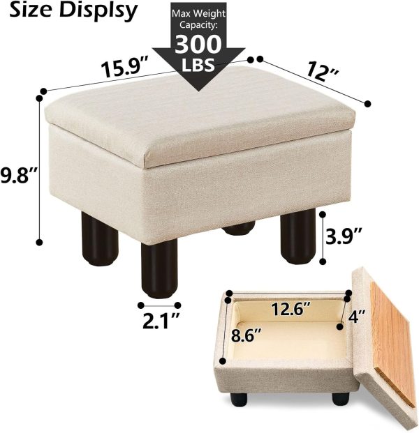 Mxfurhawa Ottoman Foot Stool with Storage Modern Small Foot Rest Step Stool Linen Rectangular Footstool Ottomans with Solid Wood Legs Under Desk for Makeup Room Living Room Bedroom (Beige) - Image 3
