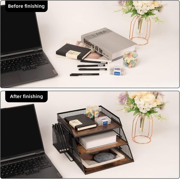 Vintage Wood & Metal Letter Tray， Stackable Desk Organizers Paper Tray， for File Magazines Mail Organizer, Vintage Wood Desk File Organizer with Pen Holder(3 Layer) - Image 4