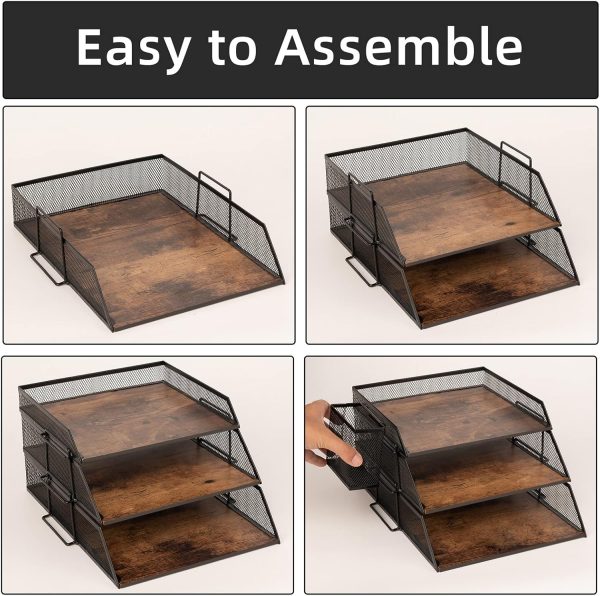 Vintage Wood & Metal Letter Tray， Stackable Desk Organizers Paper Tray， for File Magazines Mail Organizer, Vintage Wood Desk File Organizer with Pen Holder(3 Layer) - Image 5