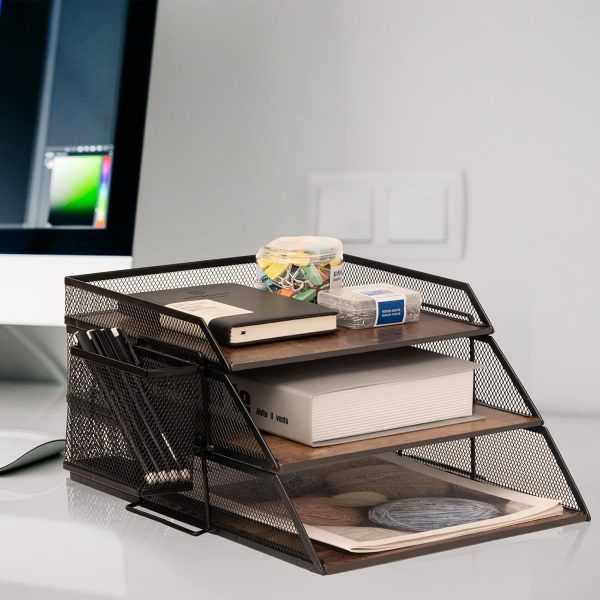 Vintage Wood & Metal Letter Tray， Stackable Desk Organizers Paper Tray， for File Magazines Mail Organizer, Vintage Wood Desk File Organizer with Pen Holder(3 Layer) - Image 7